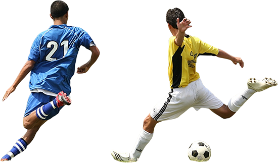 two soccer players, one in blue and one in yellow with the ball